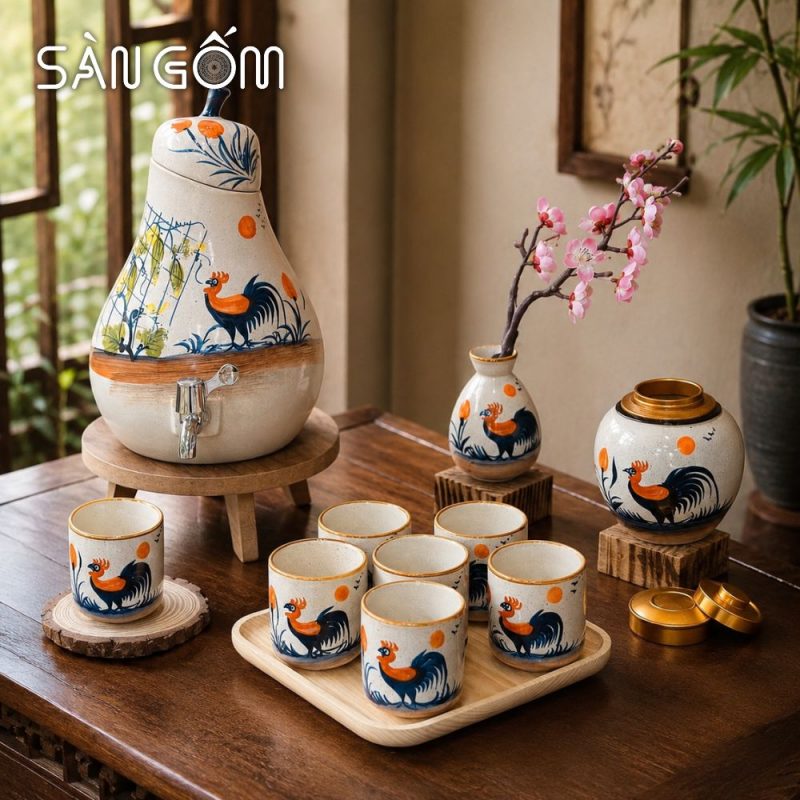 Bộ bình nước gốm sứ men kem dáng quả lê vẽ tay gà trống phú quý SG-BBN02 - Ảnh 9