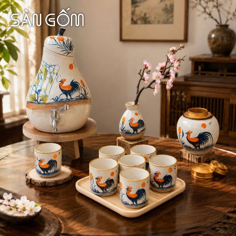 Bộ bình nước gốm sứ men kem dáng quả lê vẽ tay gà trống phú quý SG-BBN02 - Ảnh 7