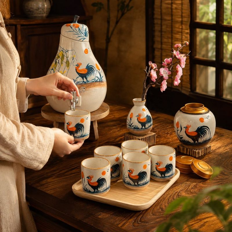 Bộ bình nước gốm sứ men kem dáng quả lê vẽ tay gà trống phú quý SG-BBN02 - Ảnh 6