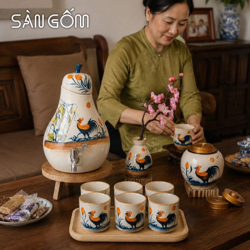 Bộ bình nước gốm sứ men kem dáng quả lê vẽ tay gà trống phú quý SG-BBN02 - Ảnh 8