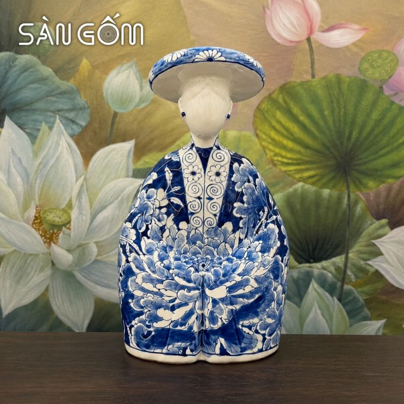 Tượng gốm cô gái mặc cổ phục Nhật Bình men lam vẽ hoa mẫu đơn SG-TG02 - Ảnh 2