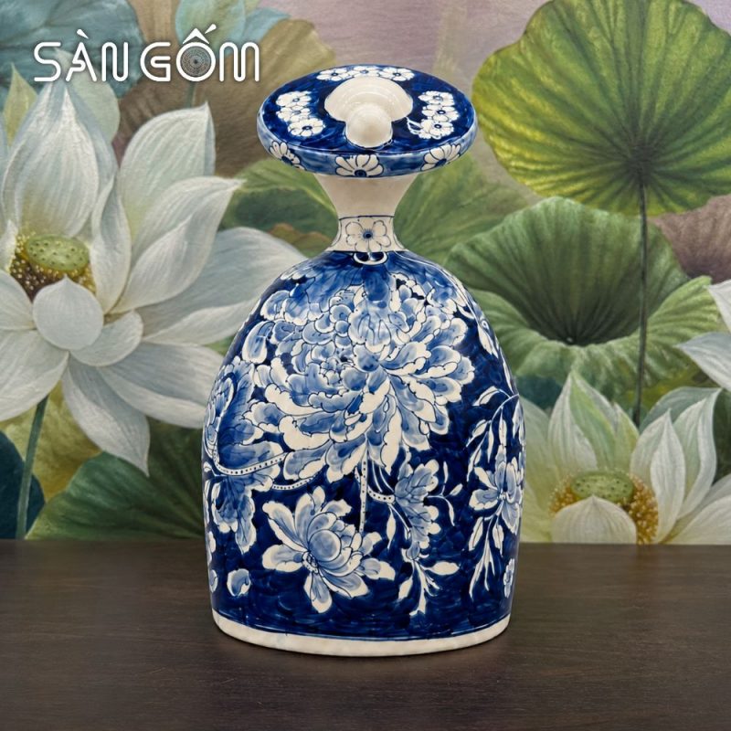 Tượng gốm cô gái mặc cổ phục Nhật Bình men lam vẽ hoa mẫu đơn SG-TG02 - Ảnh 3