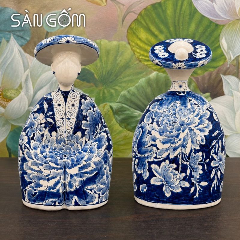 Tượng gốm cô gái mặc cổ phục Nhật Bình men lam vẽ hoa mẫu đơn SG-TG02 - Ảnh 4