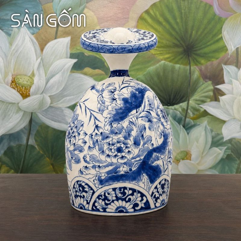 Tượng gốm quý phi mặc cổ phục Nhật Bình men lam vẽ hoa mẫu đơn cách điệu SG-TG03 - Ảnh 3