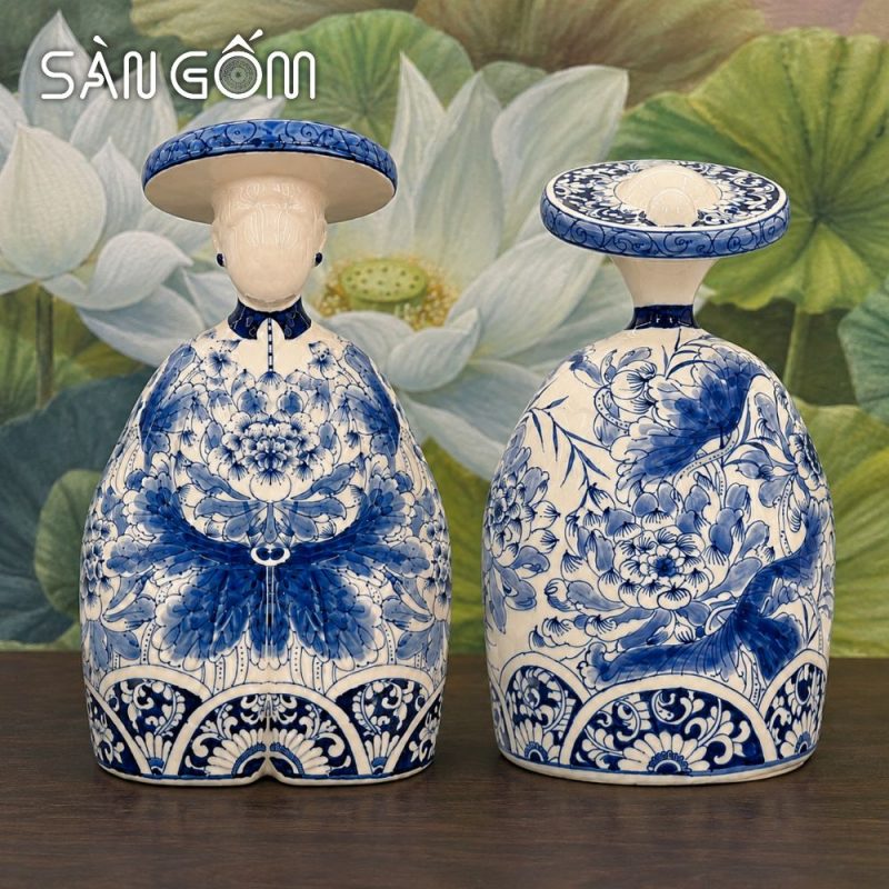 Tượng gốm quý phi mặc cổ phục Nhật Bình men lam vẽ hoa mẫu đơn cách điệu SG-TG03 - Ảnh 4