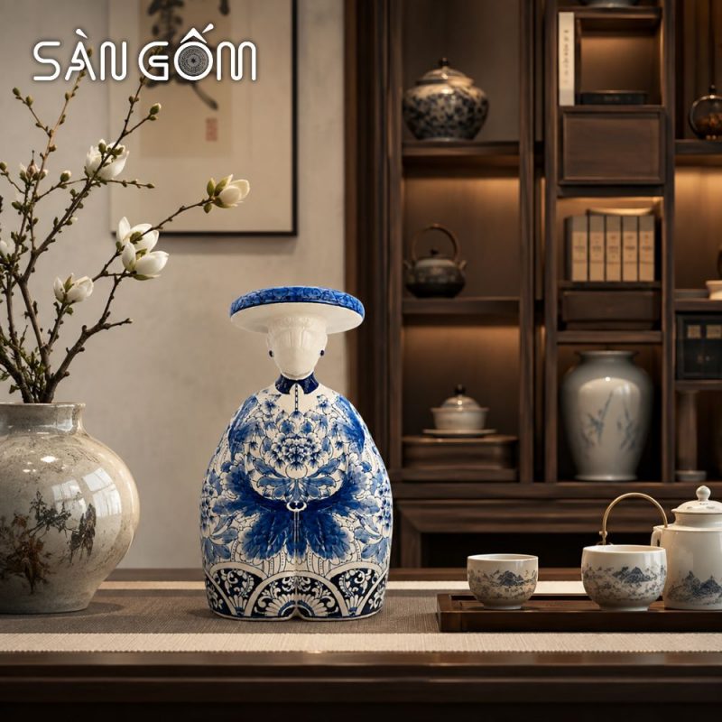 Tượng gốm quý phi mặc cổ phục Nhật Bình men lam vẽ hoa mẫu đơn cách điệu SG-TG03 - Ảnh 7