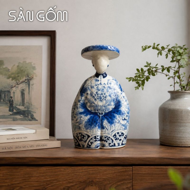 Tượng gốm quý phi mặc cổ phục Nhật Bình men lam vẽ hoa mẫu đơn cách điệu SG-TG03 - Ảnh 6