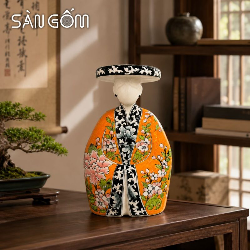 Tượng gốm quý phi mặc cổ phục Nhật Bình vẽ hoa đào cánh én mùa xuân SG-TG06 - Ảnh 6