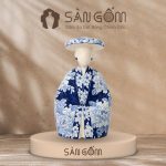Tượng gốm quý phi mặc Việt phục men lam vẽ hoa mẫu đơn SG-TG01