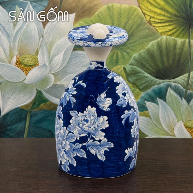 Tượng gốm quý phi mặc Việt phục men lam vẽ hoa mẫu đơn SG-TG01 - Ảnh 3