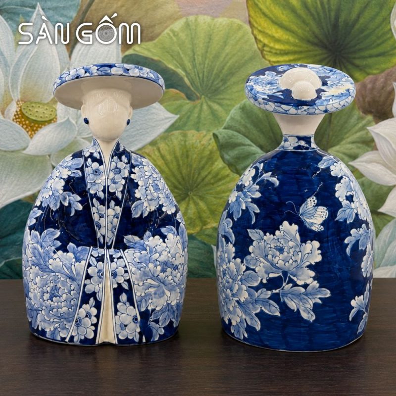 Tượng gốm quý phi mặc Việt phục men lam vẽ hoa mẫu đơn SG-TG01 - Ảnh 4