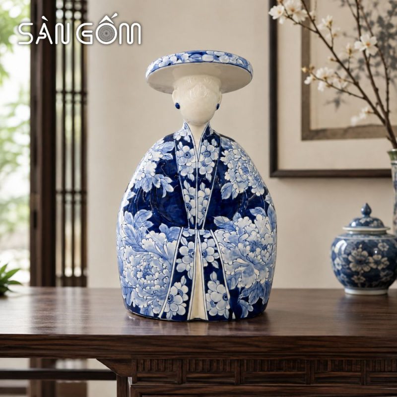 Tượng gốm quý phi mặc Việt phục men lam vẽ hoa mẫu đơn SG-TG01 - Ảnh 5