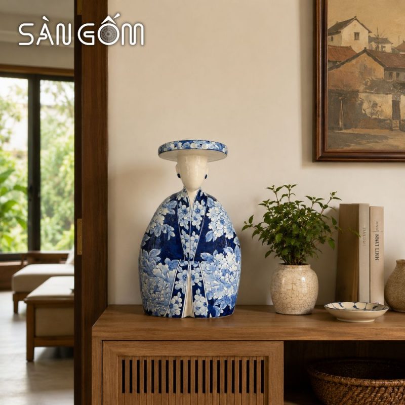 Tượng gốm quý phi mặc Việt phục men lam vẽ hoa mẫu đơn SG-TG01 - Ảnh 8