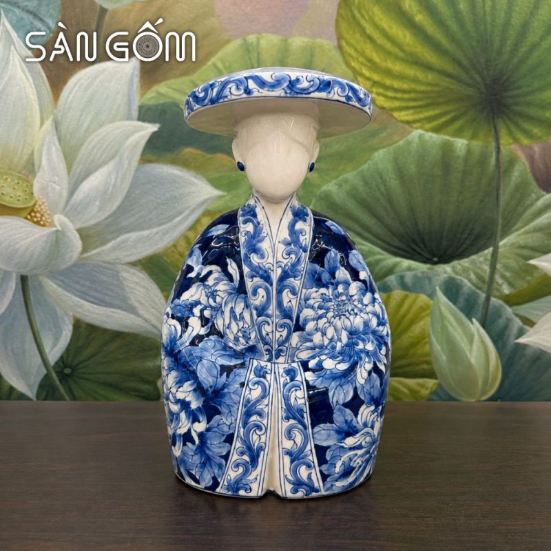 Tượng gốm thiếu nữ mặc cổ phục Nhật Bình vẽ hoa men lam SG-TG04 - Ảnh 2