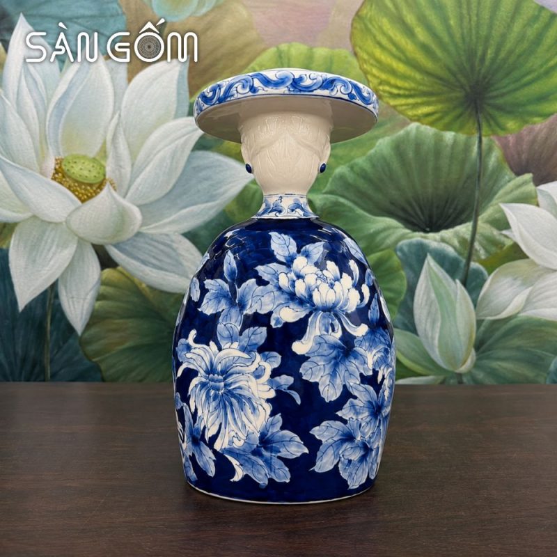 Tượng gốm thiếu nữ mặc cổ phục Nhật Bình vẽ hoa men lam SG-TG04 - Ảnh 3