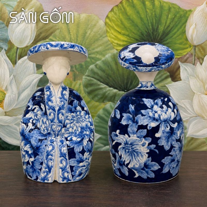 Tượng gốm thiếu nữ mặc cổ phục Nhật Bình vẽ hoa men lam SG-TG04 - Ảnh 4