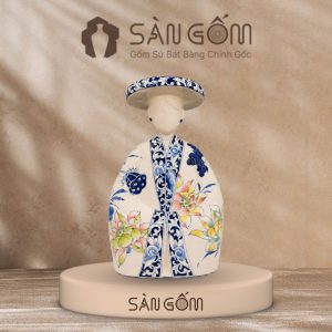 Tượng gốm thiếu nữ mặc cổ phục Nhật Bình vẽ hoa sen thủ công SG-TG05