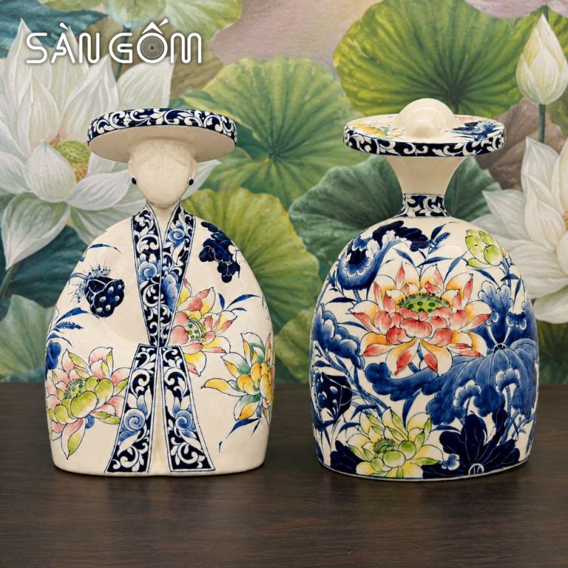 Tượng gốm thiếu nữ mặc cổ phục Nhật Bình vẽ hoa sen thủ công SG-TG05 - Ảnh 2