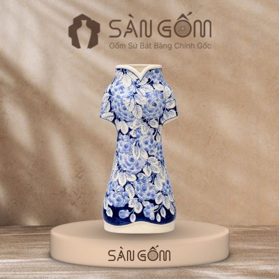 Bình hoa áo dài Bát Tràng men lam họa tiết hoa hồng vẽ tay SG-LH458