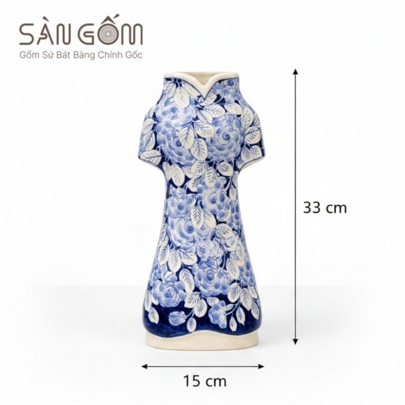 Bình hoa áo dài Bát Tràng men lam họa tiết hoa hồng vẽ tay SG-LH458 - Ảnh 3