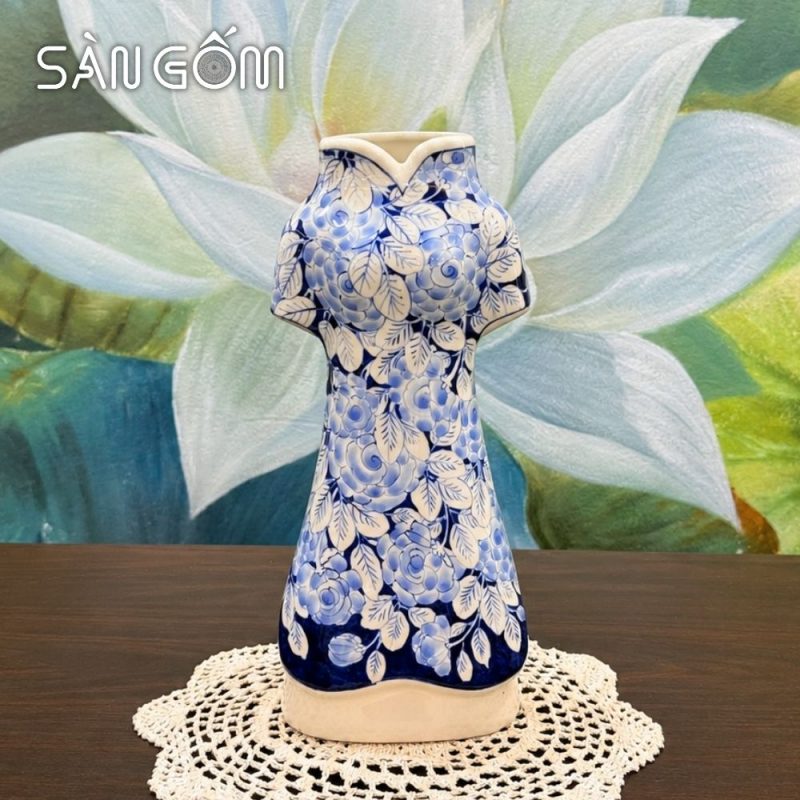 Bình hoa áo dài Bát Tràng men lam họa tiết hoa hồng vẽ tay SG-LH458 - Ảnh 2