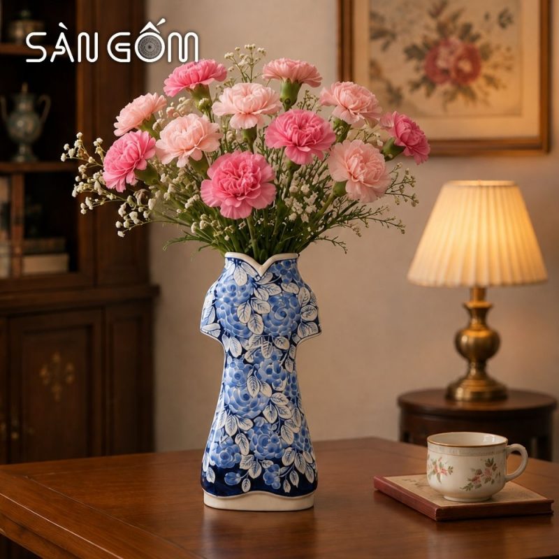 Bình hoa áo dài Bát Tràng men lam họa tiết hoa hồng vẽ tay SG-LH458 - Ảnh 8