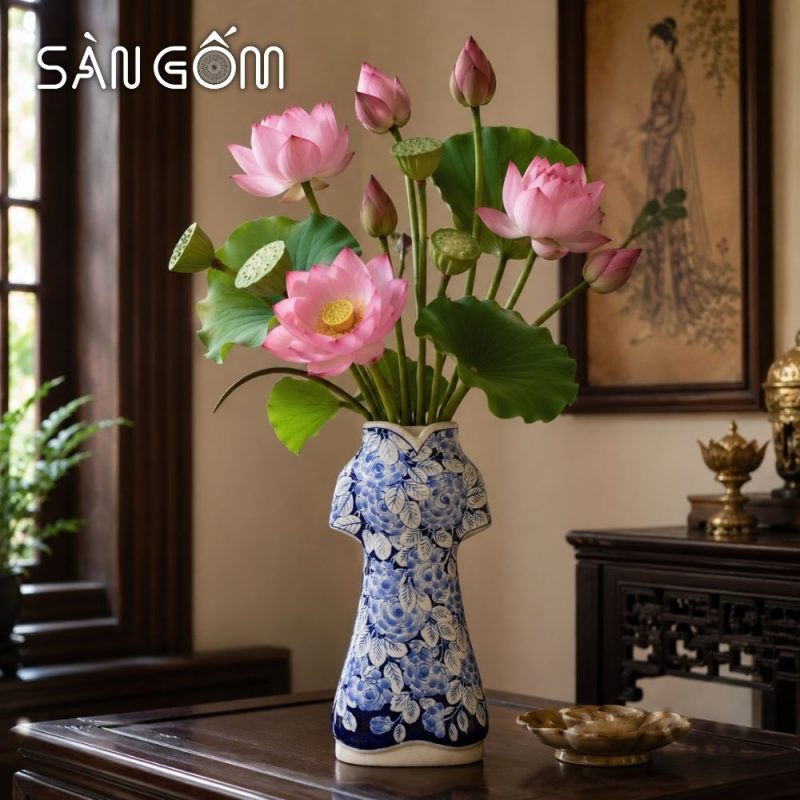 Bình hoa áo dài Bát Tràng men lam họa tiết hoa hồng vẽ tay SG-LH458 - Ảnh 7