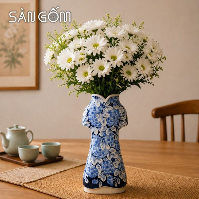 Bình hoa áo dài Bát Tràng men lam họa tiết hoa hồng vẽ tay SG-LH458 - Ảnh 6