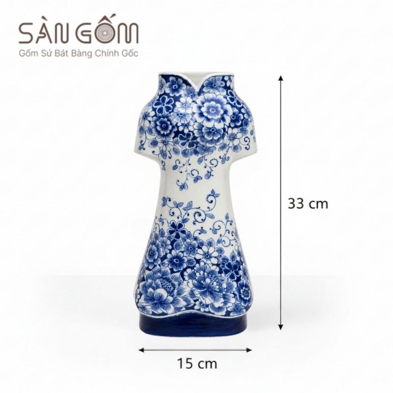 Bình hoa gốm sứ Bát Tràng dáng áo dài vẽ hoa mẫu đơn men lam SG-LH459 - Ảnh 3