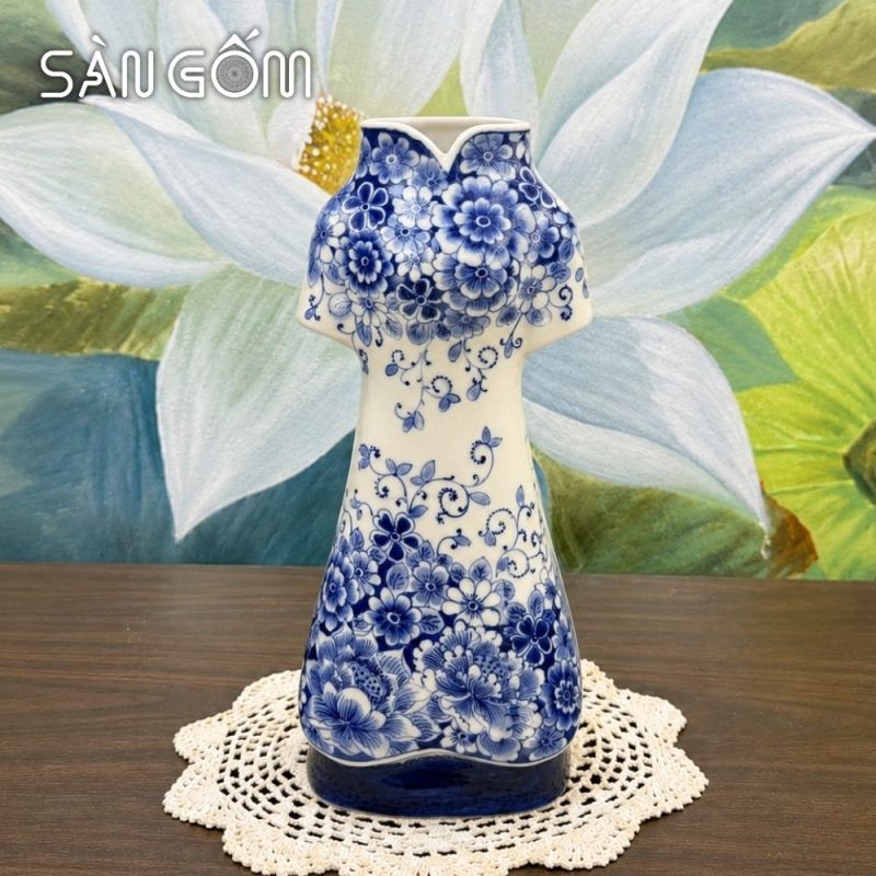Bình hoa gốm sứ Bát Tràng dáng áo dài vẽ hoa mẫu đơn men lam SG-LH459 - Ảnh 2