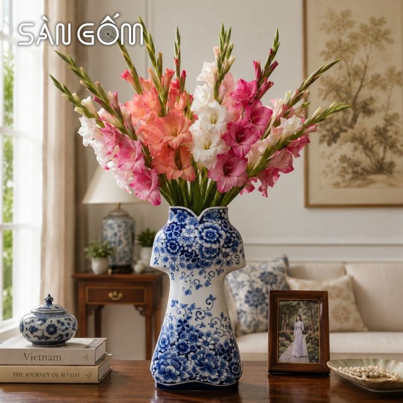 Bình hoa gốm sứ Bát Tràng dáng áo dài vẽ hoa mẫu đơn men lam SG-LH459 - Ảnh 9