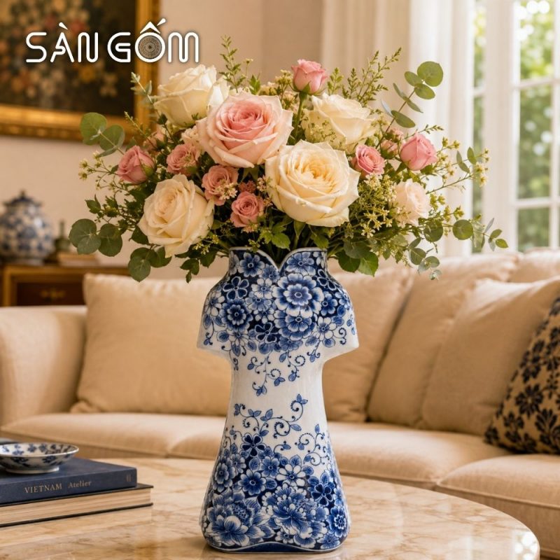 Bình hoa gốm sứ Bát Tràng dáng áo dài vẽ hoa mẫu đơn men lam SG-LH459 - Ảnh 8