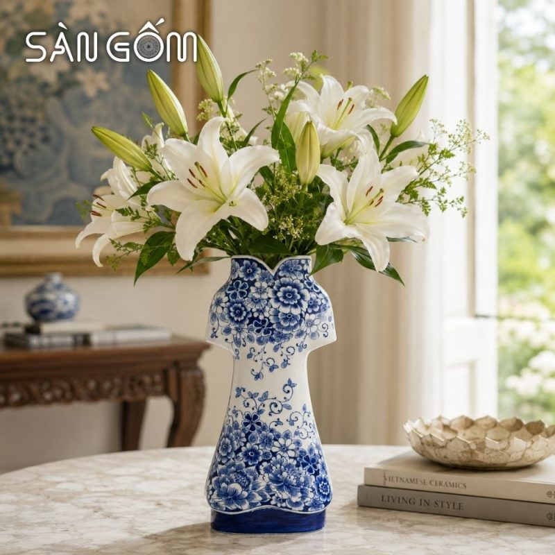 Bình hoa gốm sứ Bát Tràng dáng áo dài vẽ hoa mẫu đơn men lam SG-LH459 - Ảnh 7
