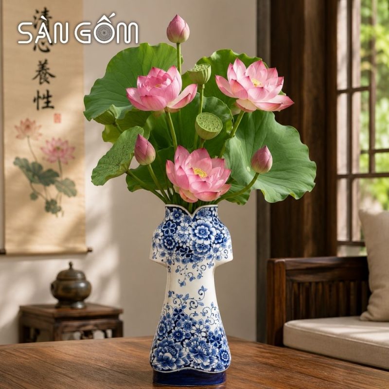 Bình hoa gốm sứ Bát Tràng dáng áo dài vẽ hoa mẫu đơn men lam SG-LH459 - Ảnh 6
