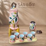 Bộ bình nước gốm dáng ly men hồng họa tiết Diệp Điểu vẽ tay SG-BBN43