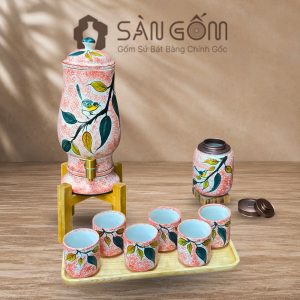 Bộ bình nước gốm dáng ly men hồng họa tiết Diệp Điểu vẽ tay SG-BBN43