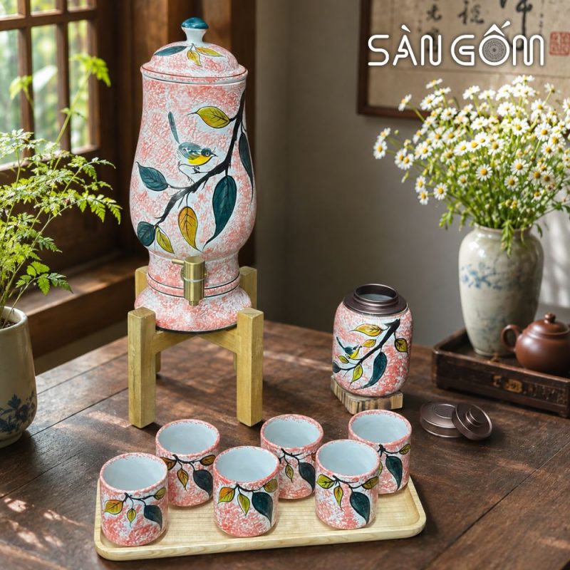Bộ bình nước gốm dáng ly men hồng họa tiết Diệp Điểu vẽ tay SG-BBN43 - Ảnh 2
