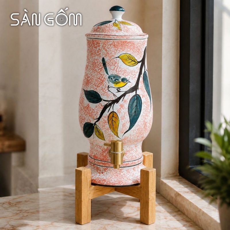 Bộ bình nước gốm dáng ly men hồng họa tiết Diệp Điểu vẽ tay SG-BBN43 - Ảnh 3