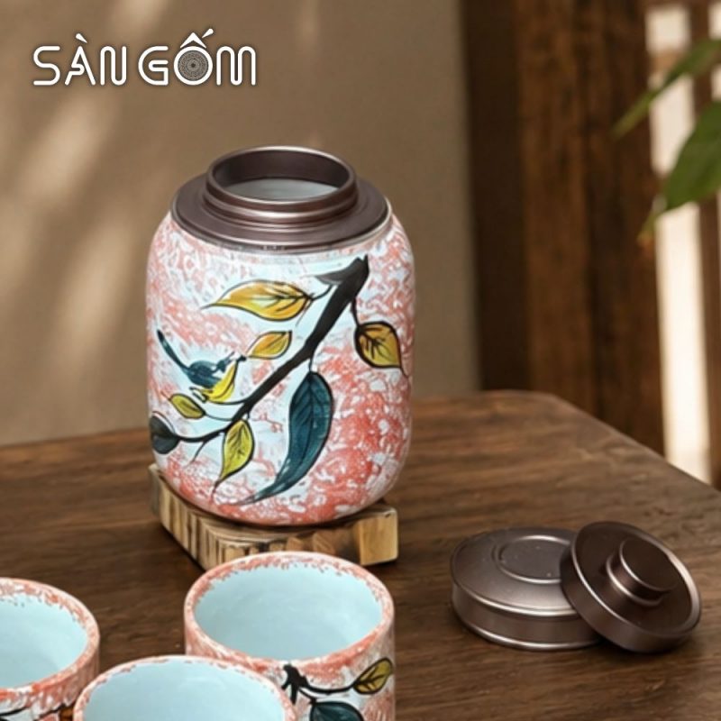 Bộ bình nước gốm dáng ly men hồng họa tiết Diệp Điểu vẽ tay SG-BBN43 - Ảnh 5
