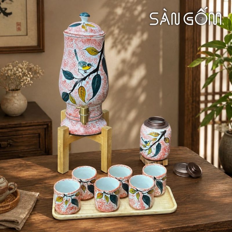 Bộ bình nước gốm dáng ly men hồng họa tiết Diệp Điểu vẽ tay SG-BBN43 - Ảnh 7