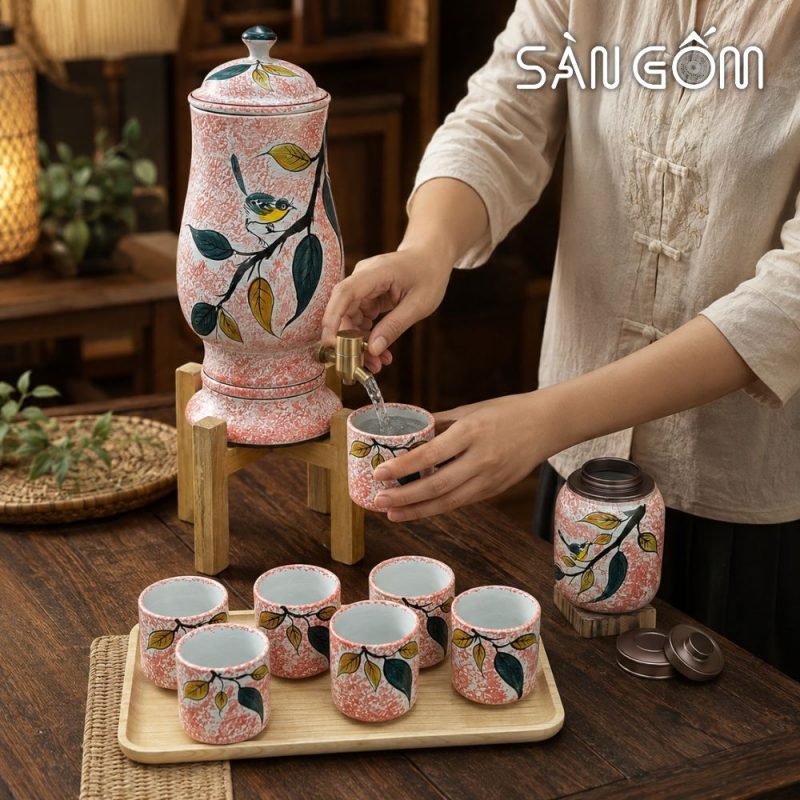 Bộ bình nước gốm dáng ly men hồng họa tiết Diệp Điểu vẽ tay SG-BBN43 - Ảnh 6