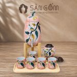 Bộ bình nước gốm dáng quả bí men hồng họa tiết Diệp Điểu vẽ tay SG-BBN45