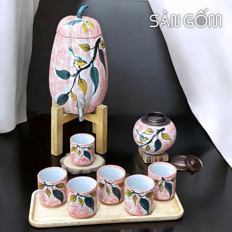 Bộ bình nước gốm dáng quả bí men hồng họa tiết Diệp Điểu vẽ tay SG-BBN45 - Ảnh 2