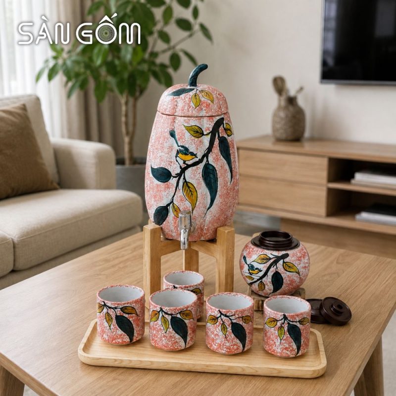 Bộ bình nước gốm dáng quả bí men hồng họa tiết Diệp Điểu vẽ tay SG-BBN45 - Ảnh 6