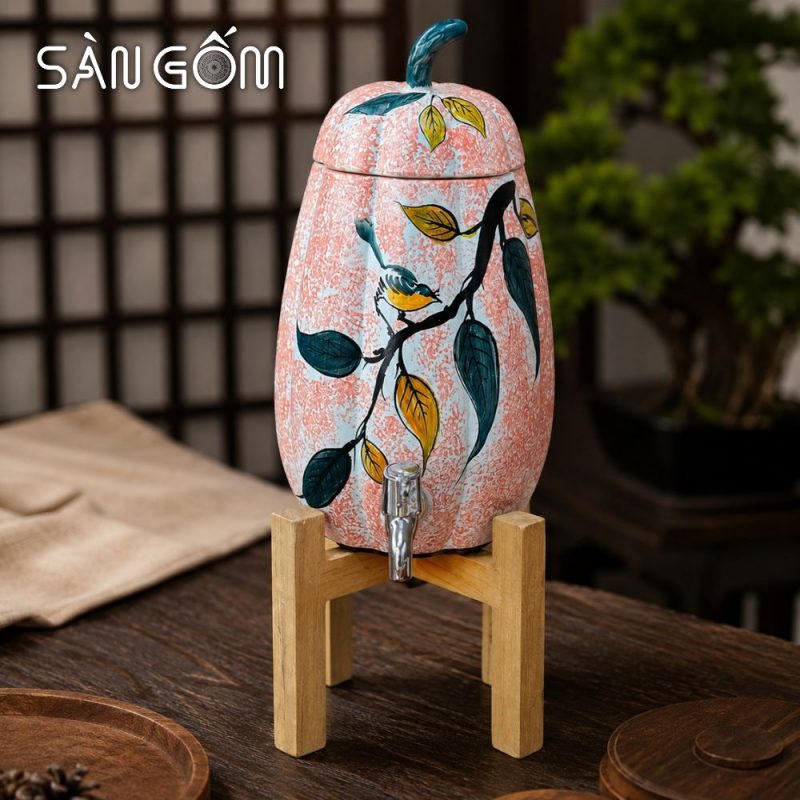 Bộ bình nước gốm dáng quả bí men hồng họa tiết Diệp Điểu vẽ tay SG-BBN45 - Ảnh 3