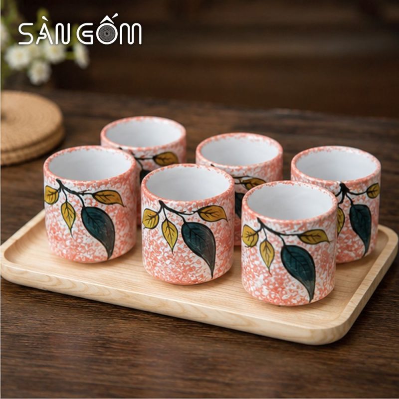 Bộ bình nước gốm dáng quả bí men hồng họa tiết Diệp Điểu vẽ tay SG-BBN45 - Ảnh 4
