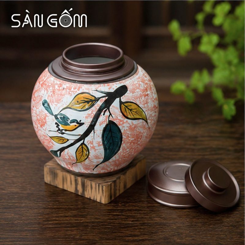 Bộ bình nước gốm dáng quả bí men hồng họa tiết Diệp Điểu vẽ tay SG-BBN45 - Ảnh 5