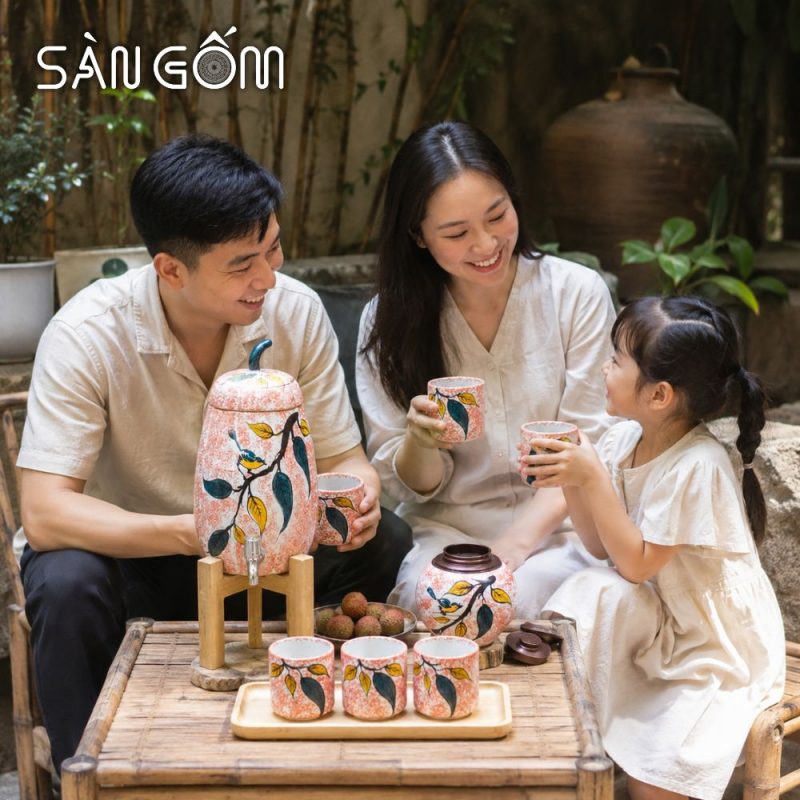 Bộ bình nước gốm dáng quả bí men hồng họa tiết Diệp Điểu vẽ tay SG-BBN45 - Ảnh 7