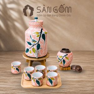 Bộ bình nước gốm dáng trụ men hồng họa tiết Diệp Điểu vẽ tay SG-BBN44