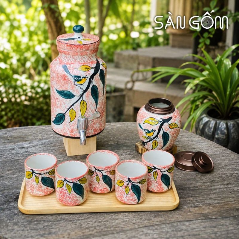 Bộ bình nước gốm dáng trụ men hồng họa tiết Diệp Điểu vẽ tay SG-BBN44 - Ảnh 2